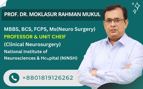 Neurosurgeon in Bangladesh — Prof. Dr. Moklasur Rahman Mukul Professional profile artwork with neurosurgery credentials and chamber information for Prof. Dr. Moklasur Rahman Mukul.