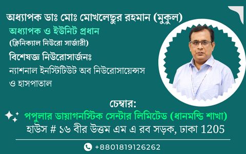 Neurosurgeon in Bangladesh — Prof. Dr. Moklasur Rahman Mukul Professional profile artwork with neurosurgery credentials and chamber information for Prof. Dr. Moklasur Rahman Mukul.